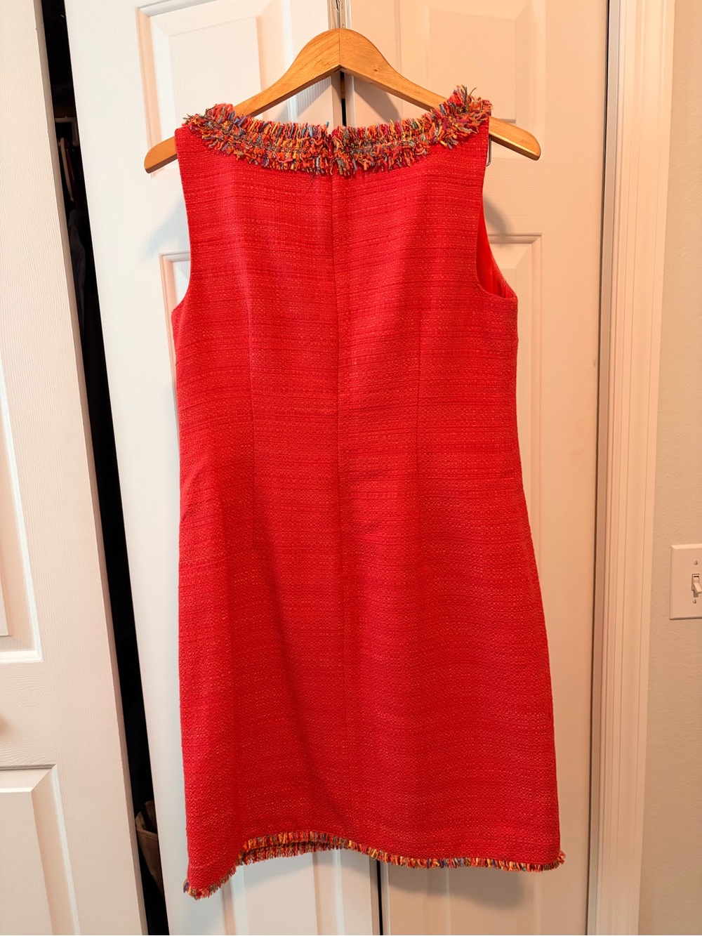 Talbots Red Tweed Sleeveless Shift Dress with Multicolor Fringe